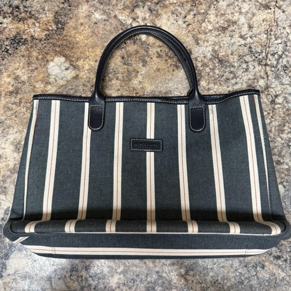 Longchamp Le Pliage Striped Denim Nautical Tote Bag Approx. 13